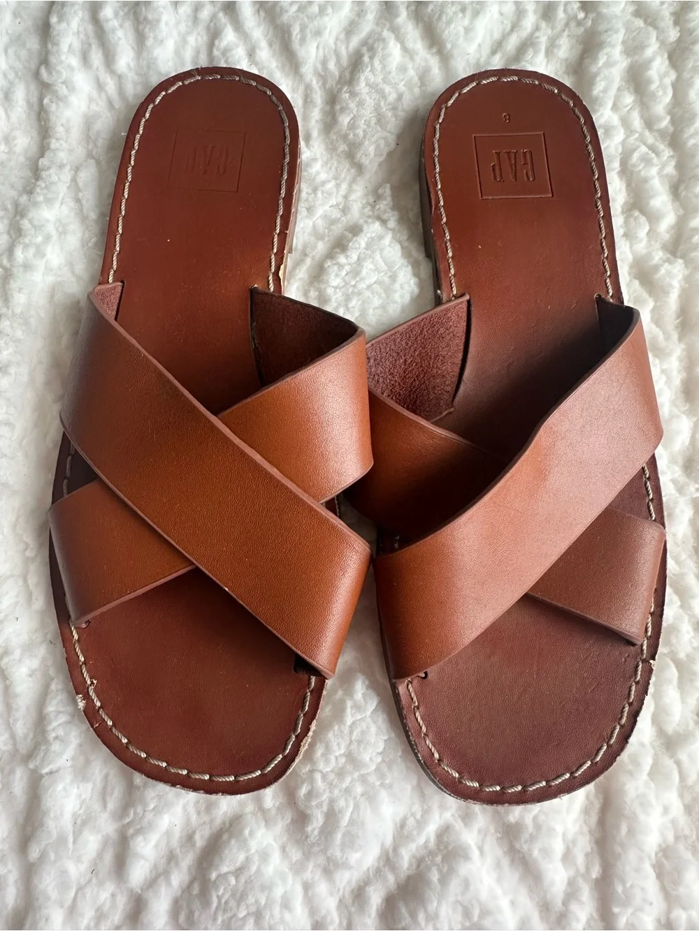 GAP Cross Strap Leather Slide Sandals in Cognac